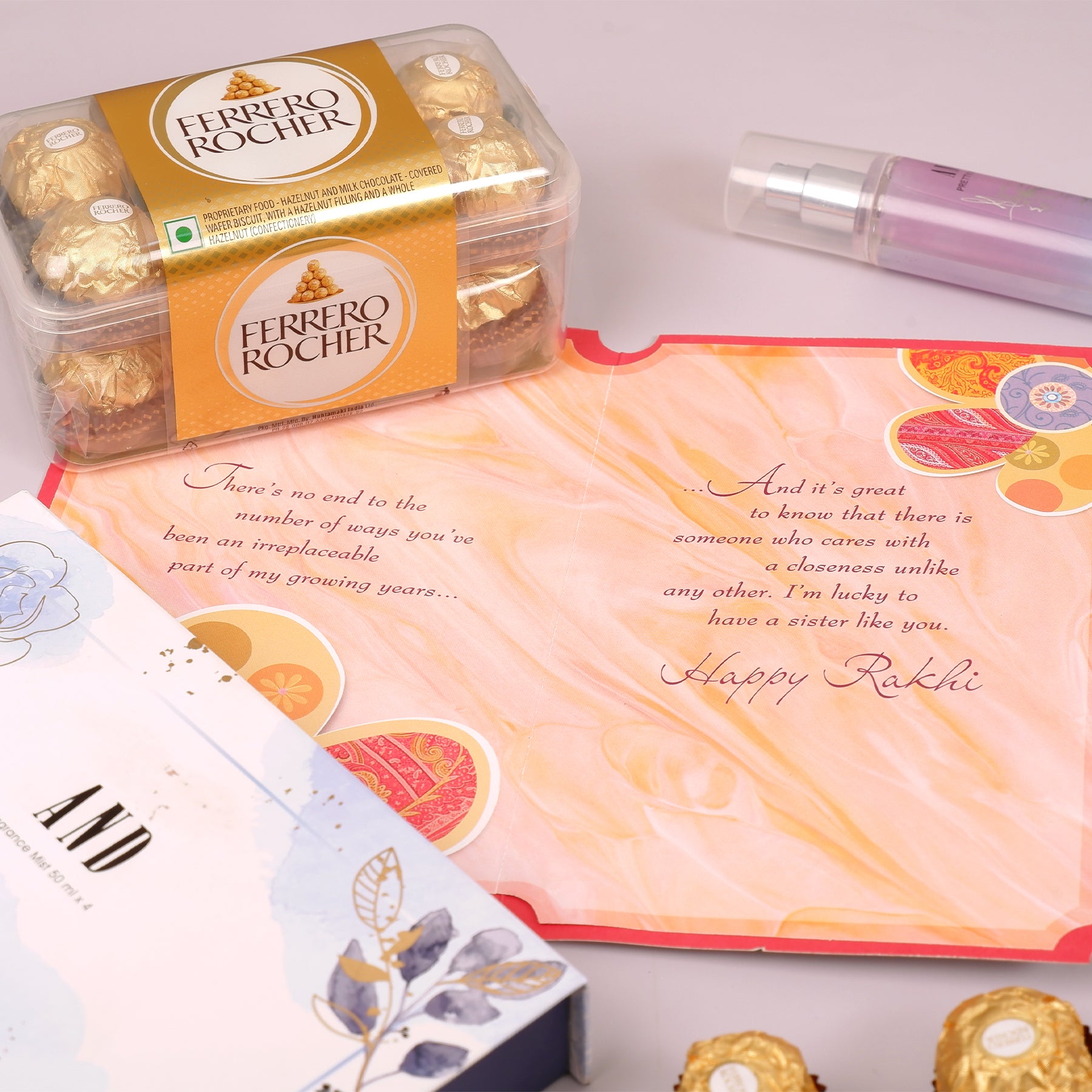 AND Frangrance Mist with Sister Greeting Card and Ferrero Rocher