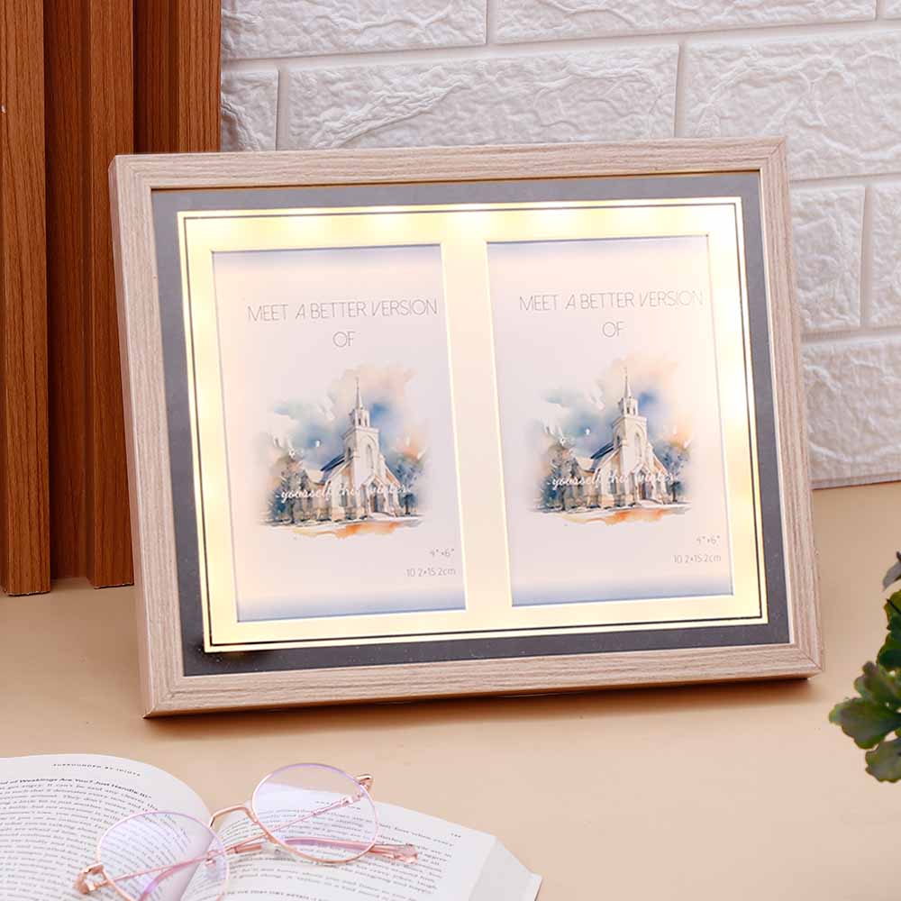 Elegant Dual Space Wooden LED Photo Frame 