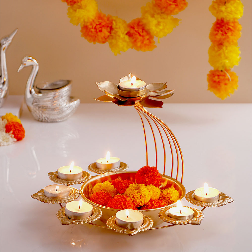 Lotus Tealight 7 Diya Thali Stand