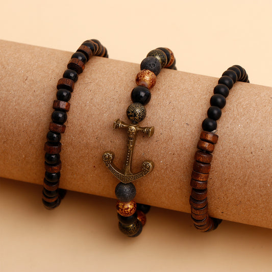 Beaded Anchor Black Multilayer Leather Bracelet