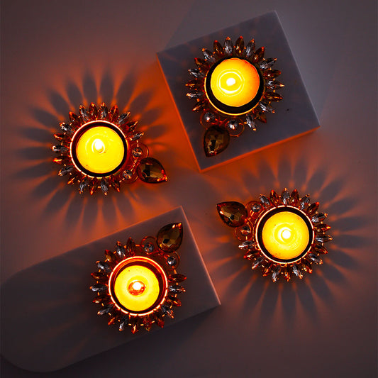 Handcrafted Stone Emblished Metal Diya - Pack of 4