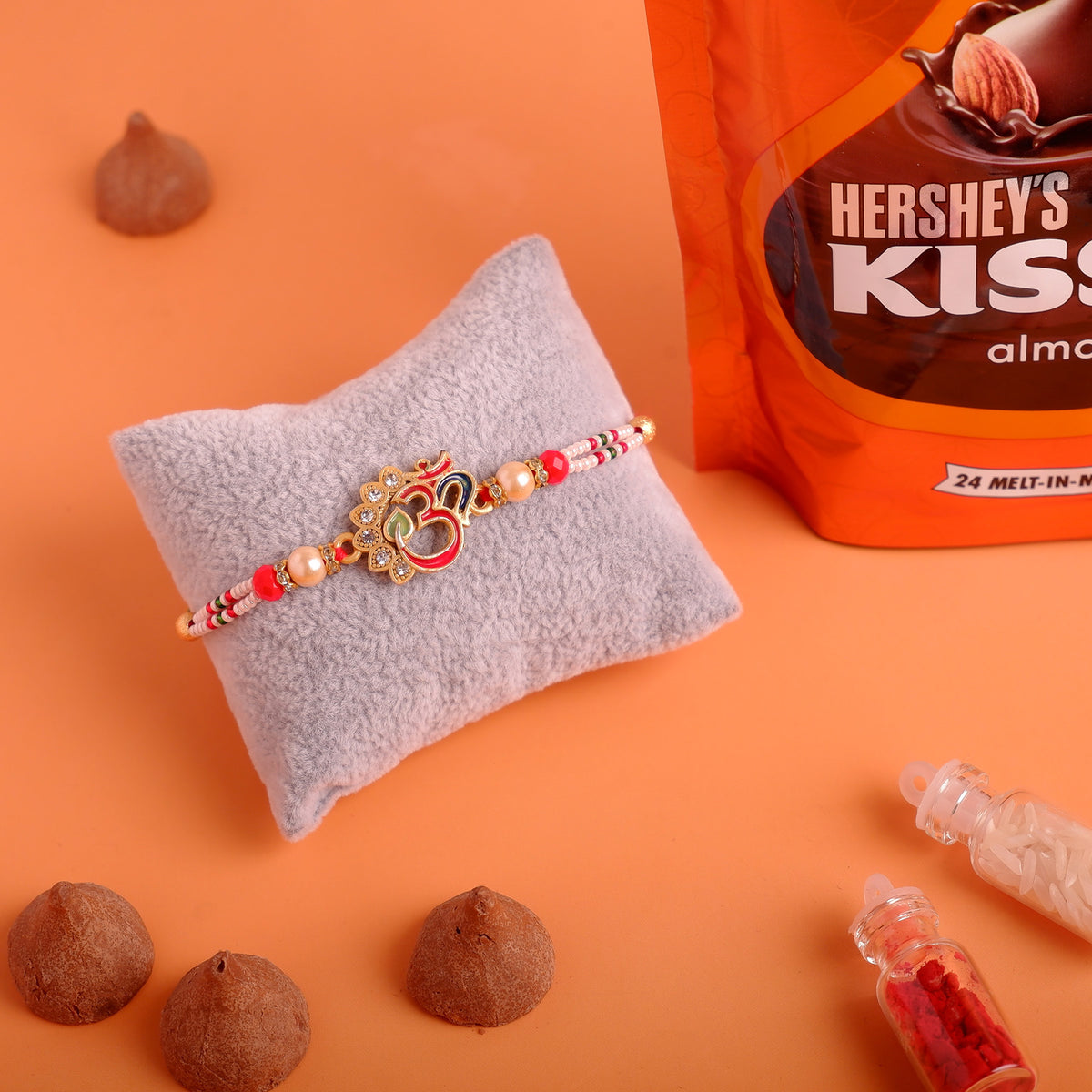 OM Rakhi with Hersheys Kisses Almonds Chocolate