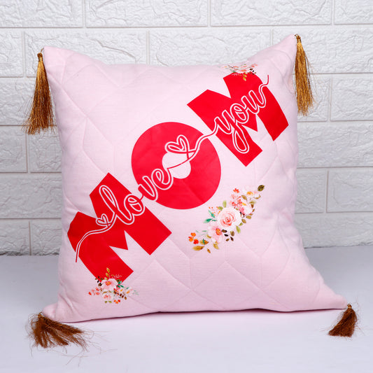 "Love You Mom" Floral Print Pink Cushion with Tassels 
