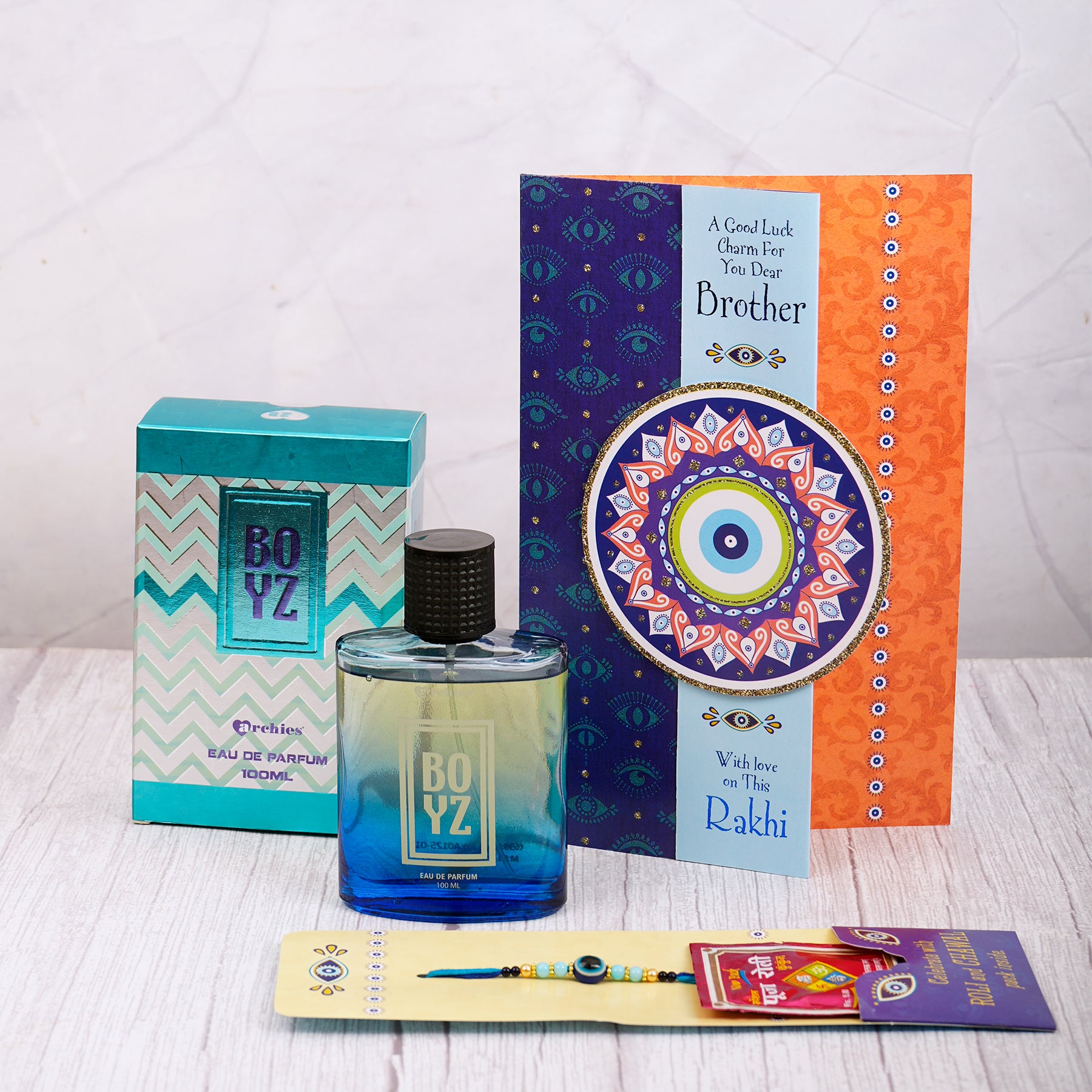Boys Perfume with Evil Eye Rakhi Greeting Card