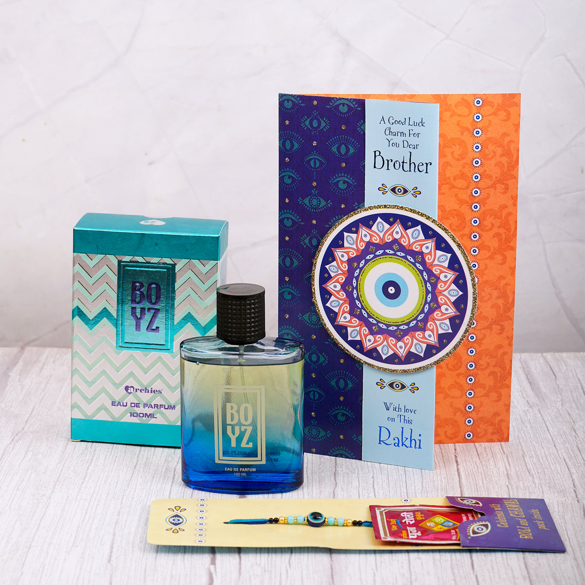 Boys Perfume with Evil Eye Rakhi Greeting Card