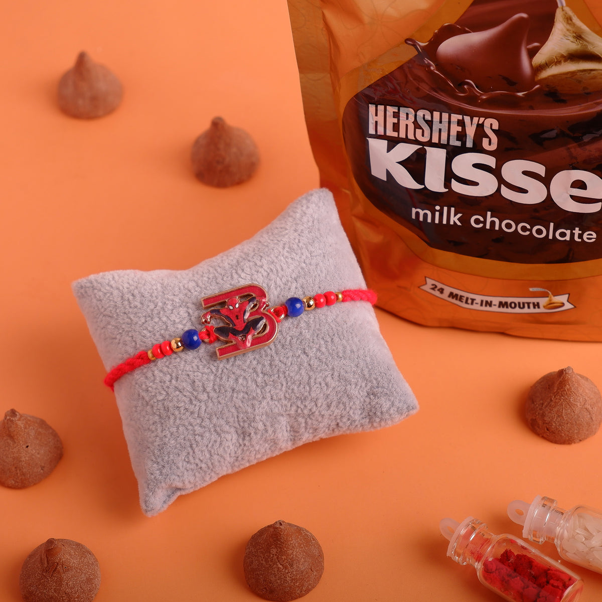 Spiderman Metal Rakhi with Hersheys Kisses Milk Chocolate 100 GM