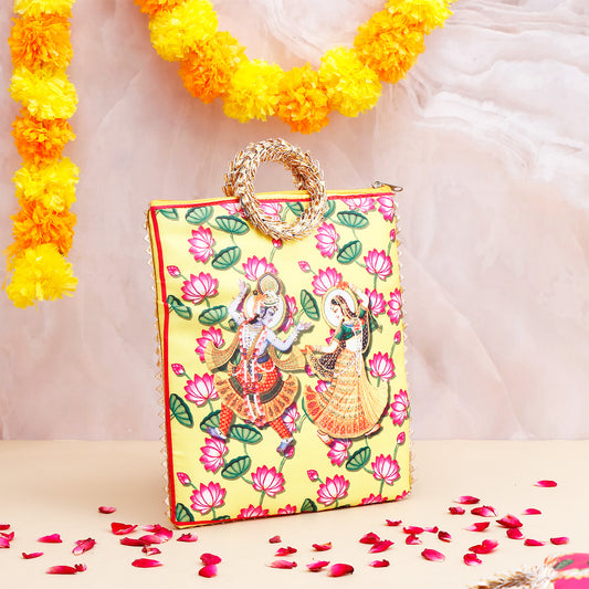 Shree Lakshmi Narayan Ethnic Handcrafted Zip Up Fabric Bag - Yellow