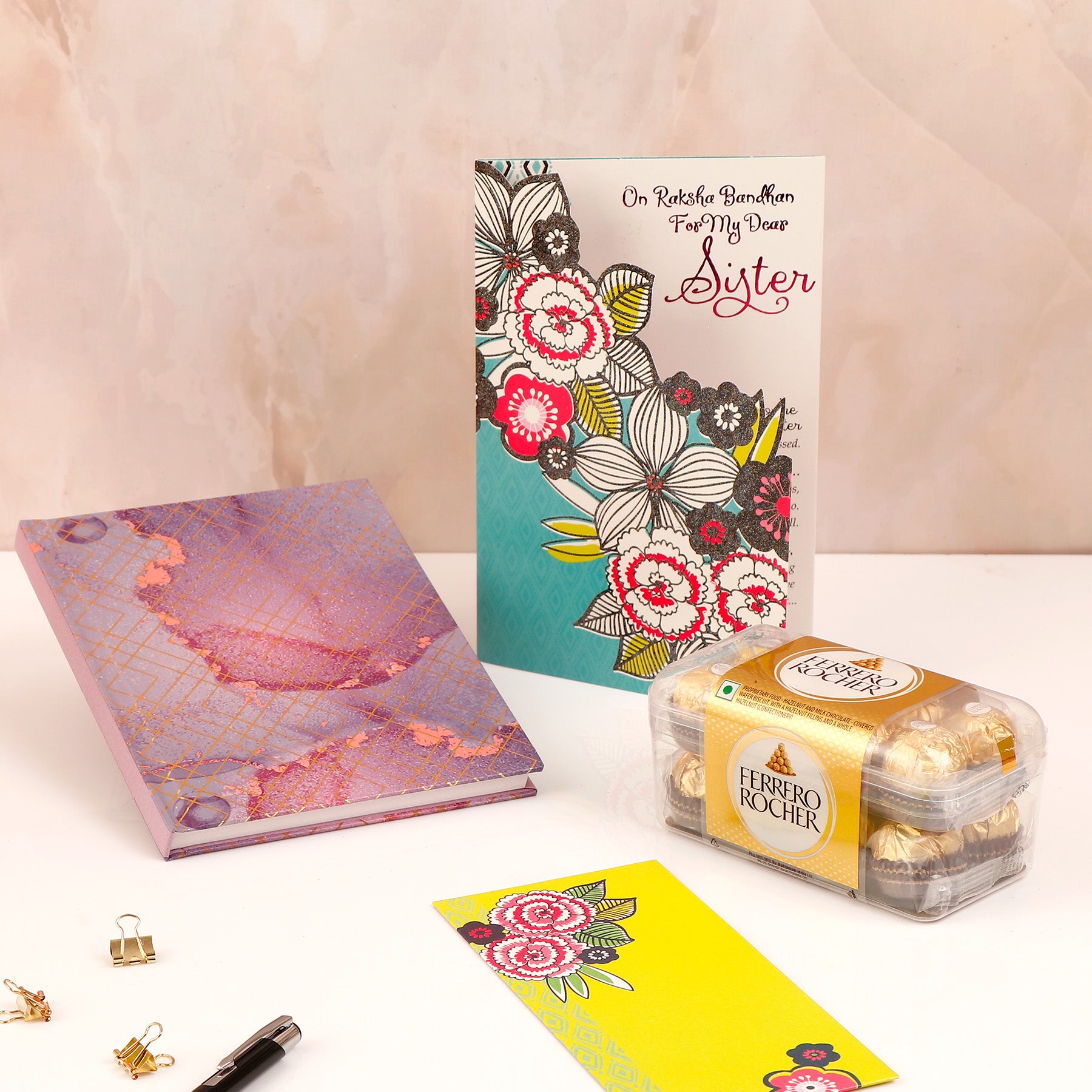 Purple Aesthetic notebook with Greeting Card and Ferroro Rocher 200 GM