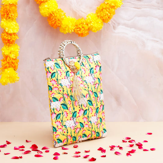 Kamdhenu Cow Ethnic Handcrafted Zip Up Fabric Bag - Yellow