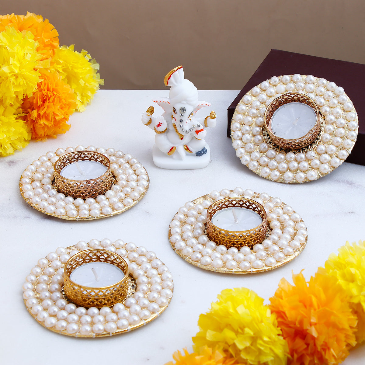 Shree Ganesha Idol with Pearl Diya Pack of 4