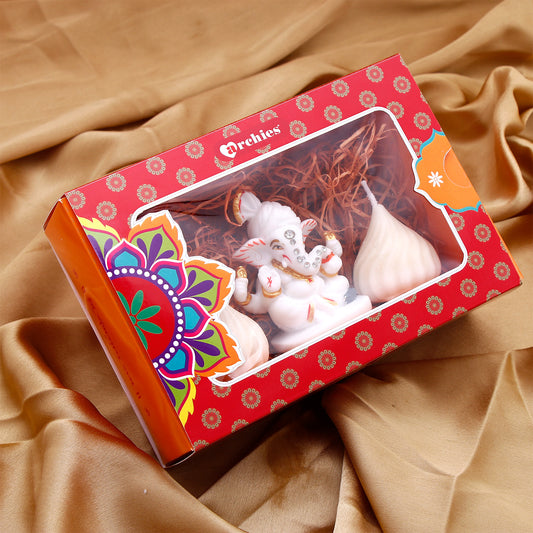 Ganesha Idol with Set of 2 Modak Diyas - White