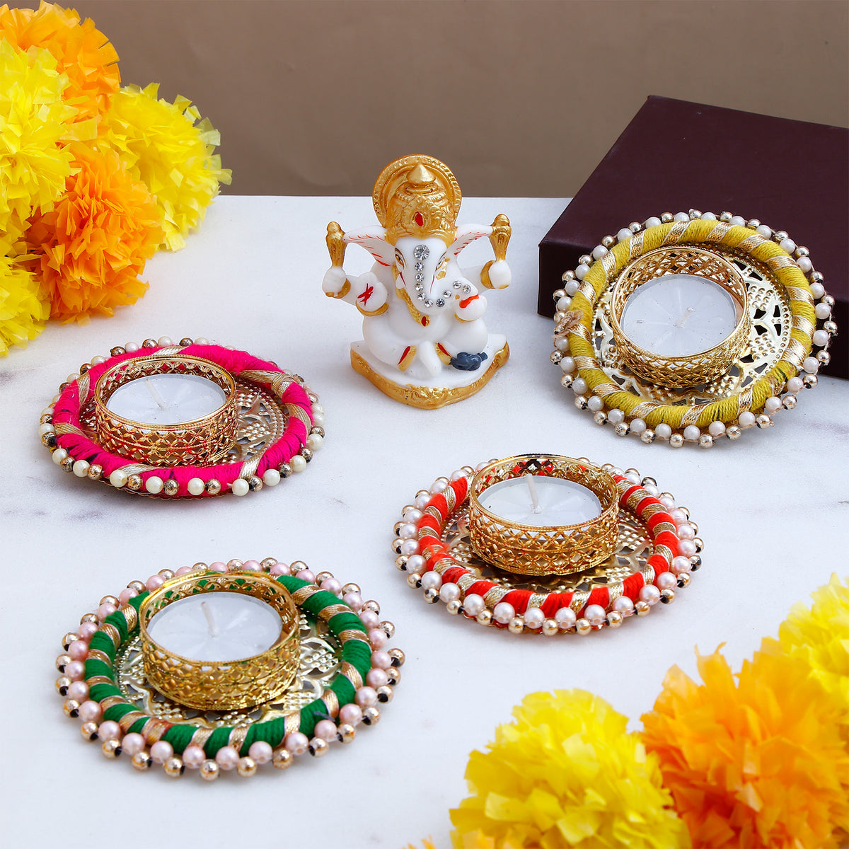 Lord Ganesha Idol with Pearl Diya Pack of 4