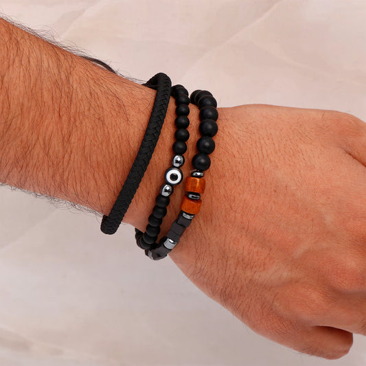 Beaded Evil Eye Black Multilayer Leather Bracelet
