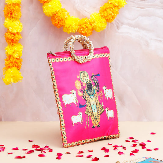 Shree Narayan Ethnic Handcrafted  Zip Up Fabric Bag - Pink