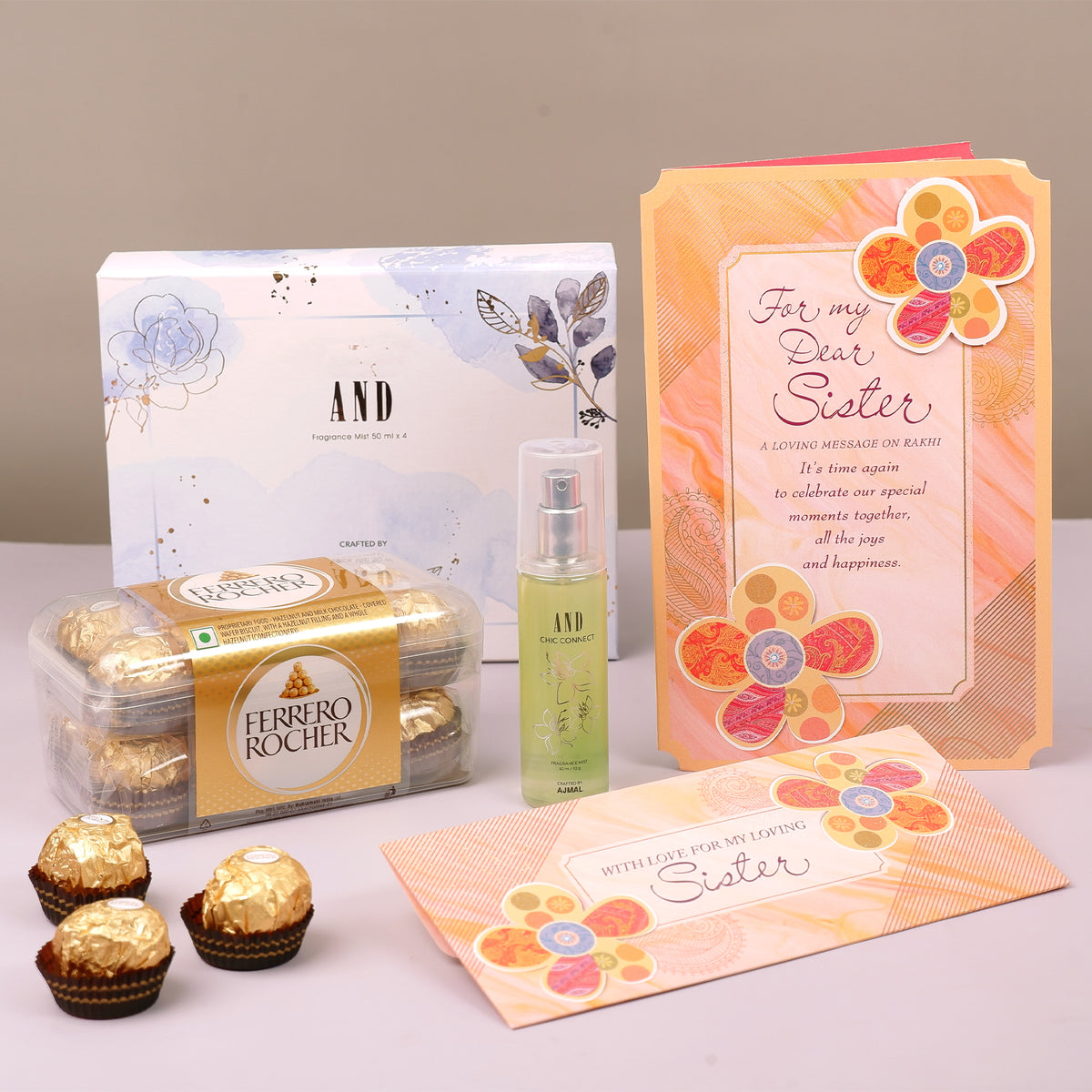 AND Frangrance Mist with Sister Greeting Card and Ferrero Rocher