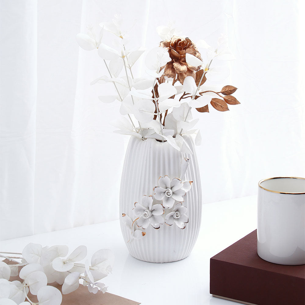 White Ceramic Table Vase with Floral Accents