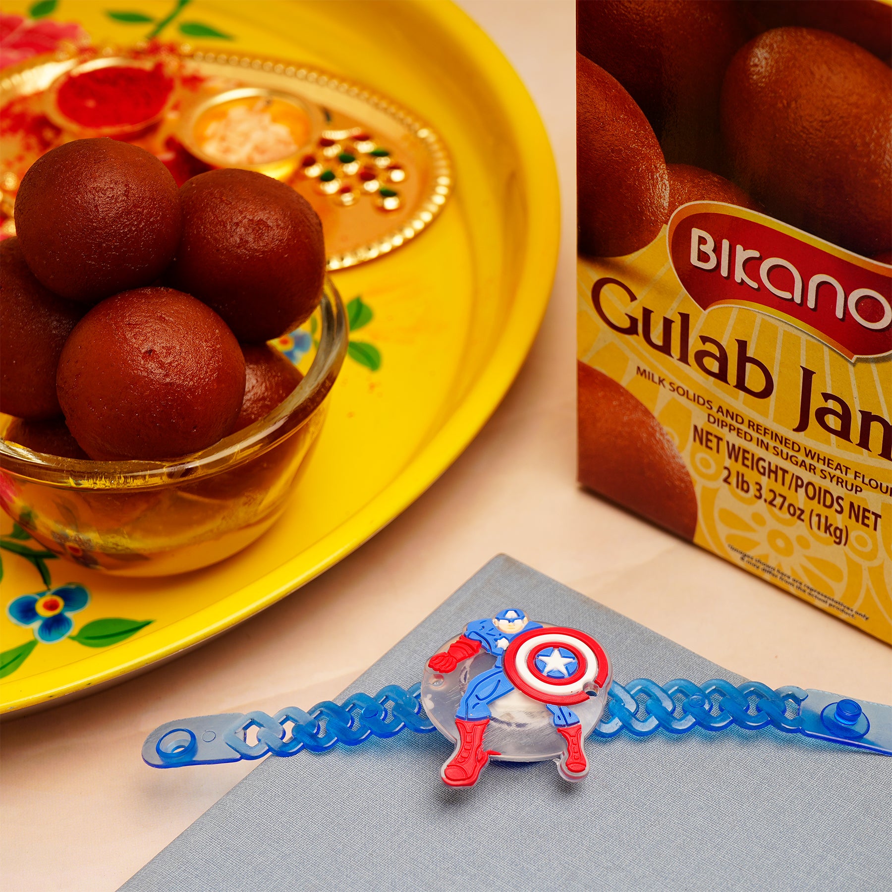Captain America Blue Rakhi with Gulab Jamun