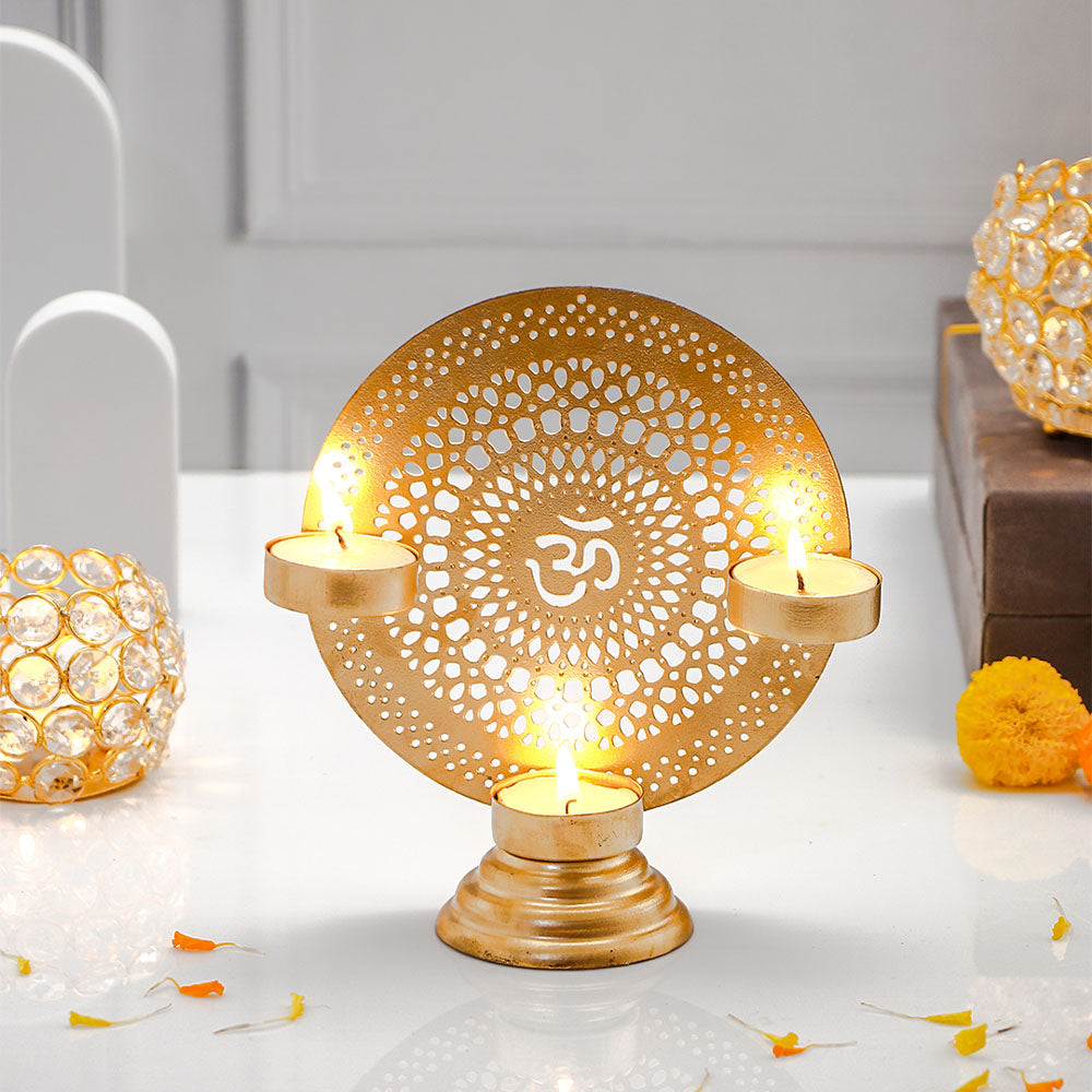 Golden Om 3 Diya Stand