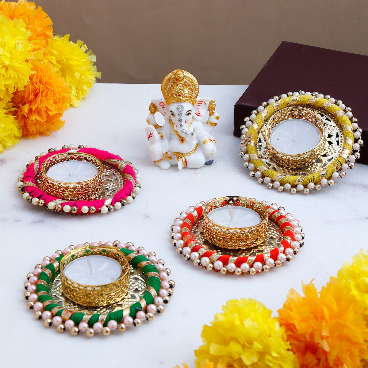 Om Ganesha Idol with Handcrafted Diya Pack of 4