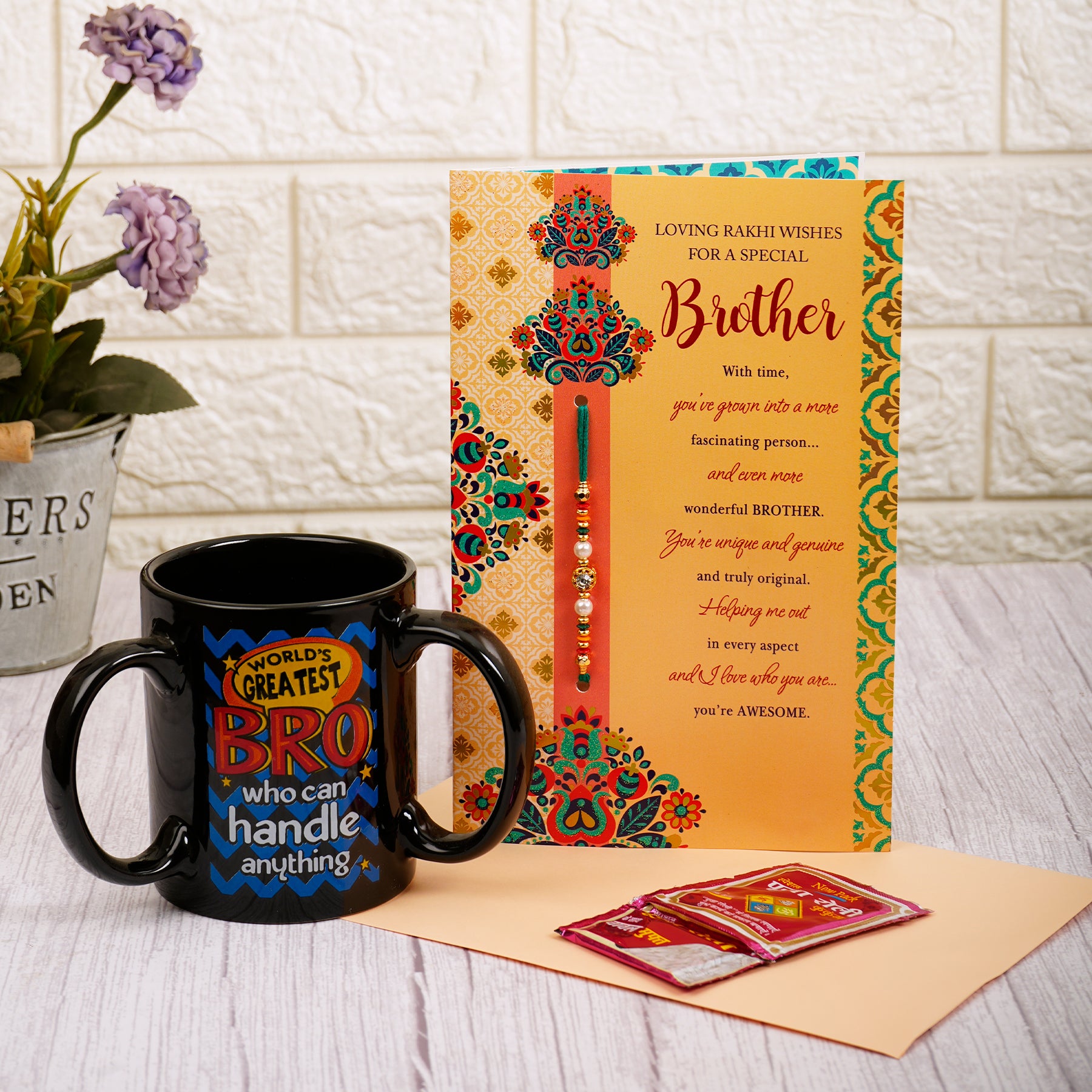 Loving Wishes Rakhi Greeting Card With Three Handle Mug