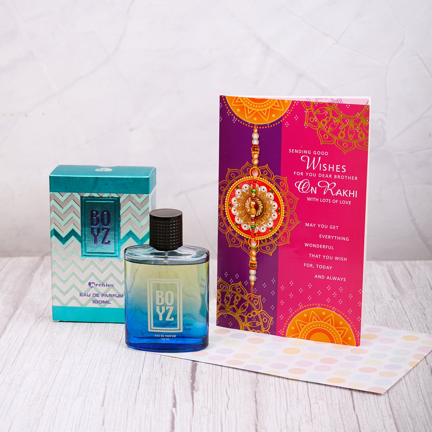 Boys Perfume with Rakhi Wishes Greeting Card