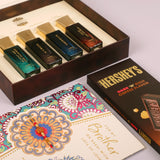 Oud Of Dubai Perfume with Rakhi Greeting Card and Hersheys Coffee Chocolate