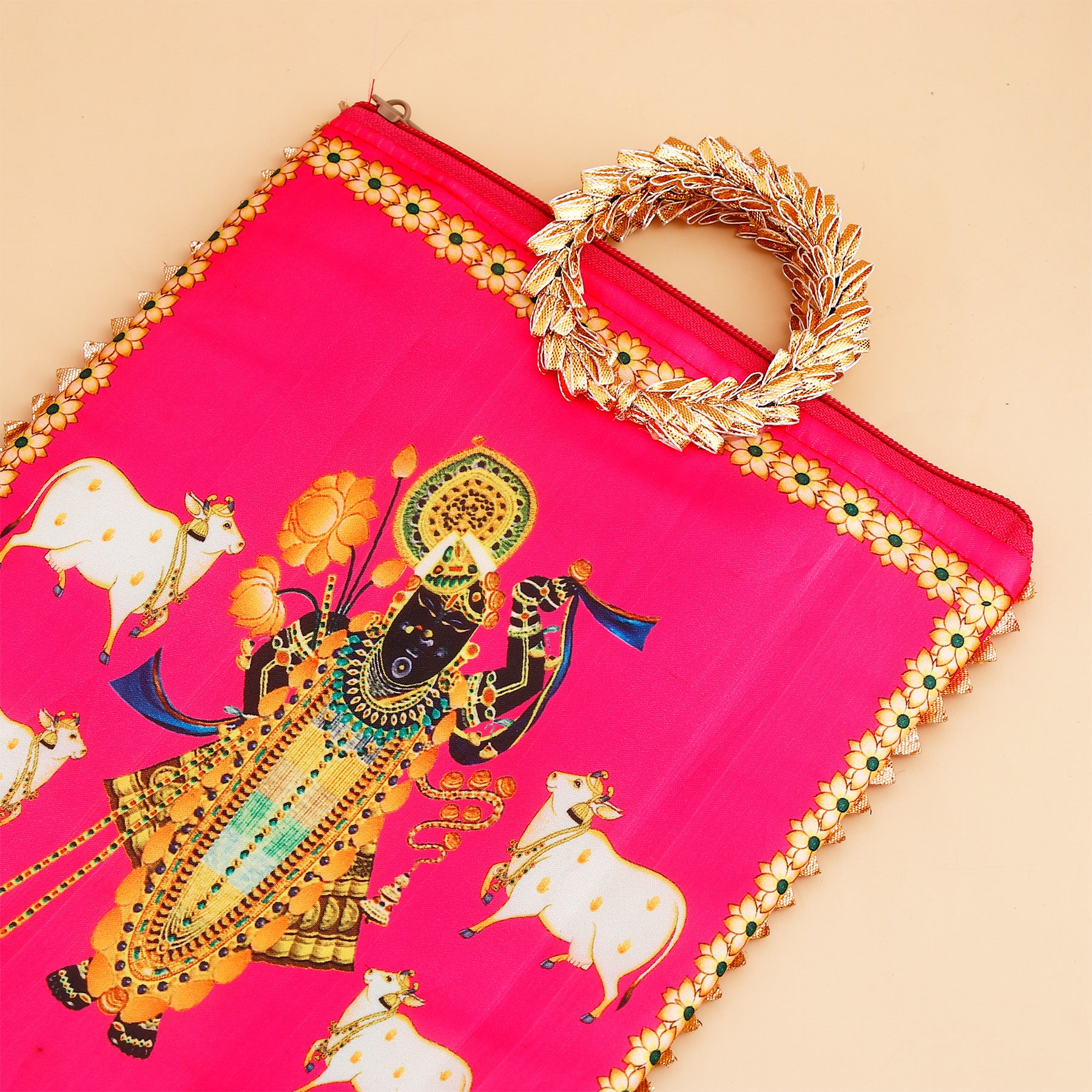 Shree Narayan Ethnic Handcrafted  Zip Up Fabric Bag - Pink