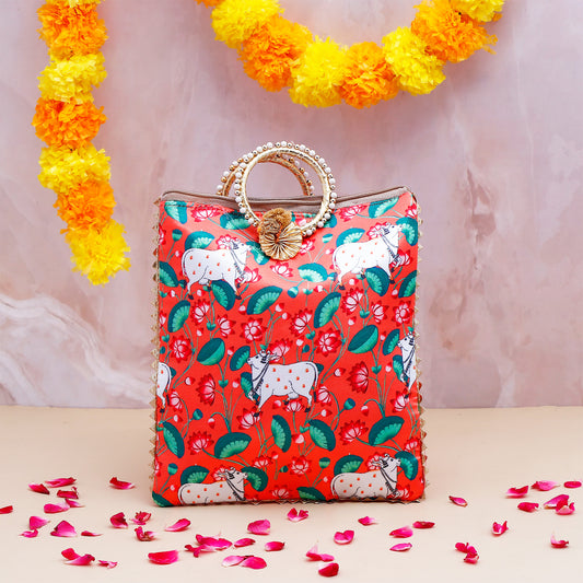 Kamdhenu Cow Ethnic Handcrafted Zip Up Fabric Bag - Red