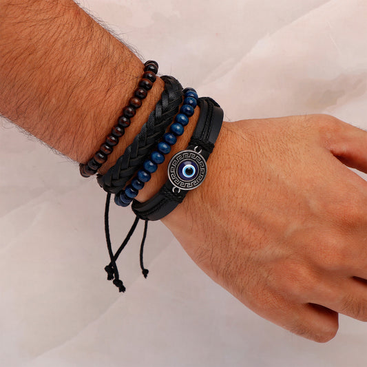 Evil Eye Beaded Multilayer Black Leather Bracelet 