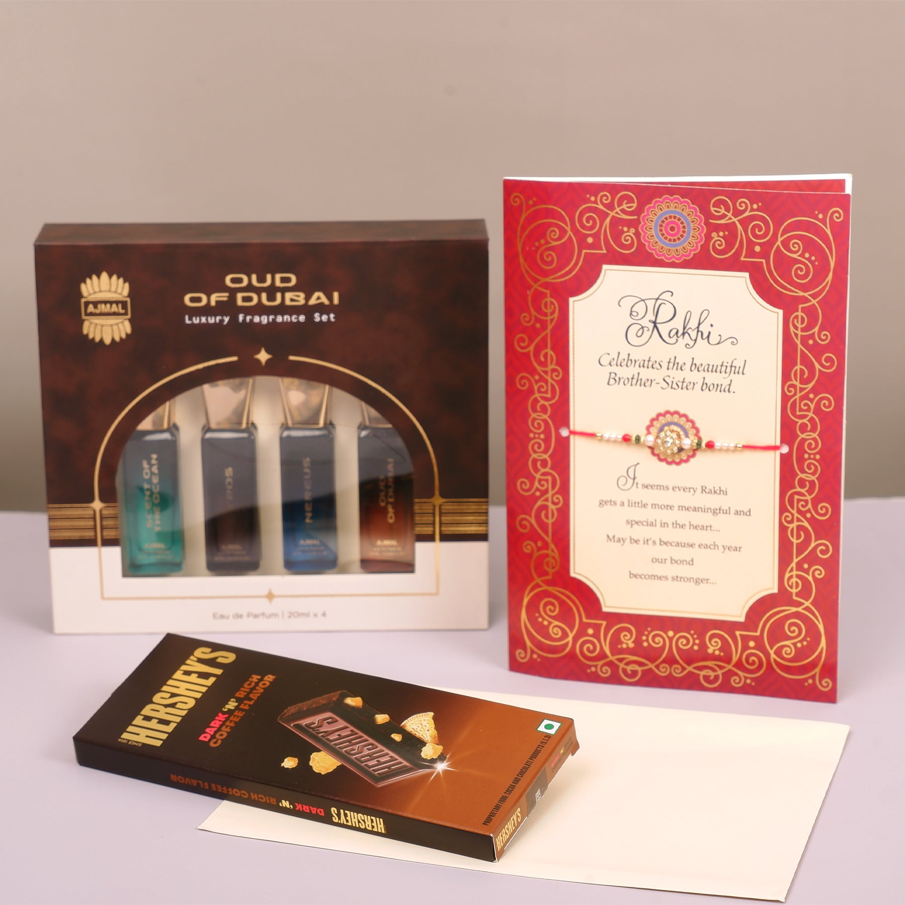 Oud Of Dubai Perfume with Rakhi Greeting Card and Hersheys Coffee Bar