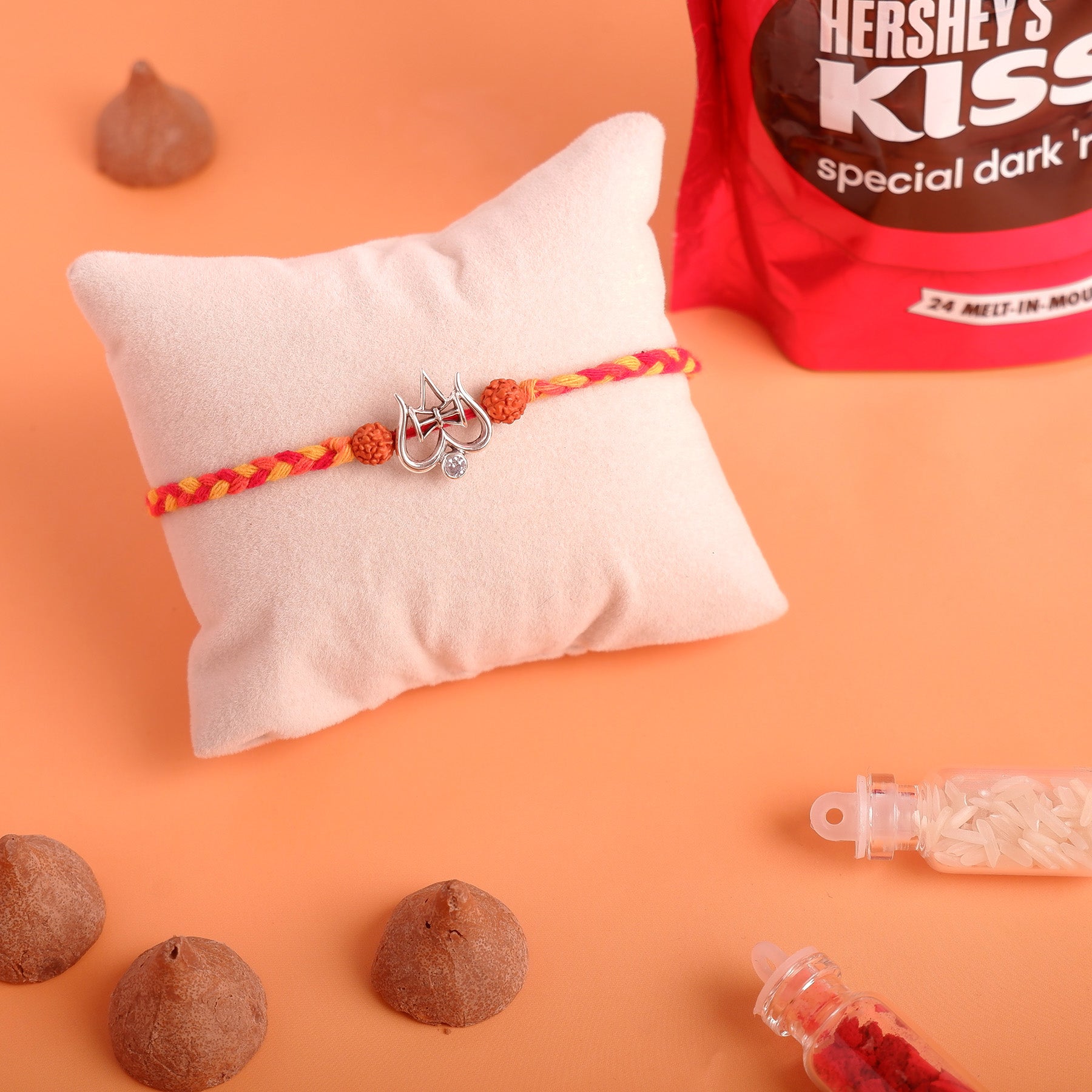 Trishul Silver Rakhi  with Hersheys Kisses Dark n Almonds Chocolate 100 GM