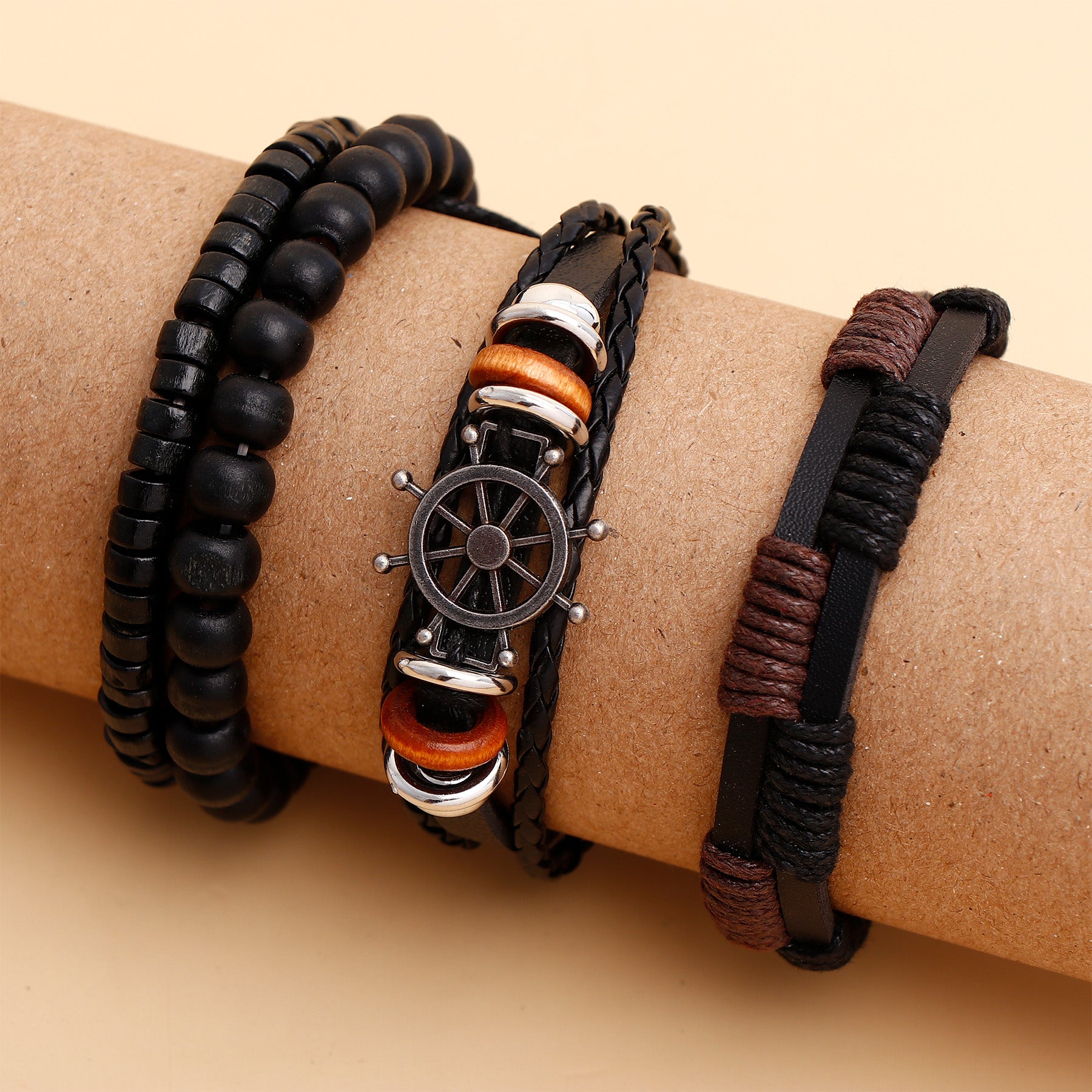 Helm Black Beaded Multilayer Leather Bracelet