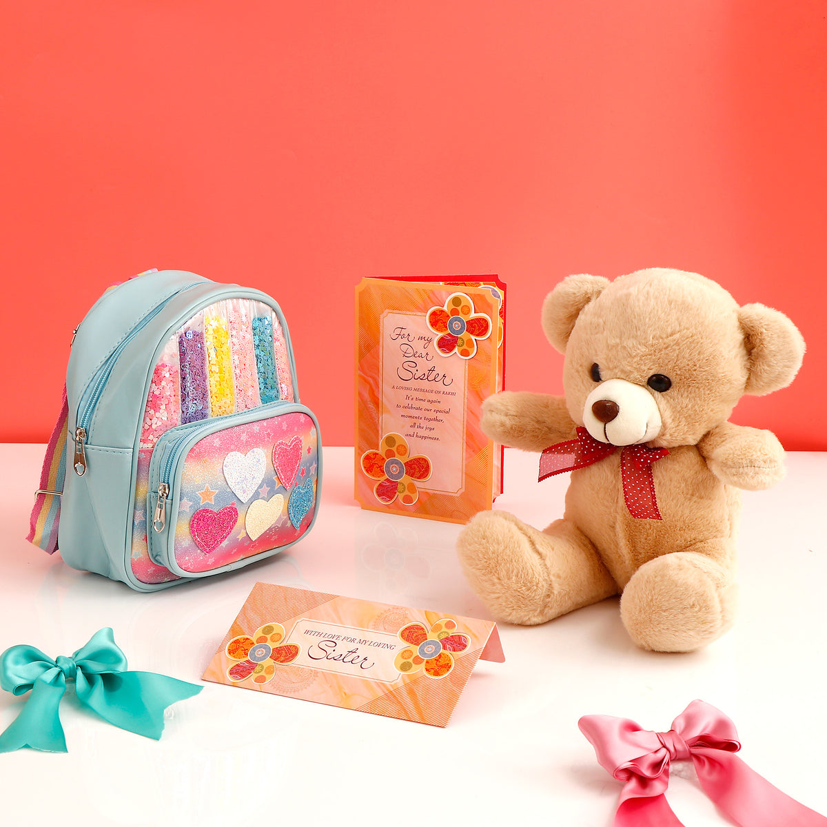 Colourpop Sequins Bag with Brown Teddy and Greeting Card