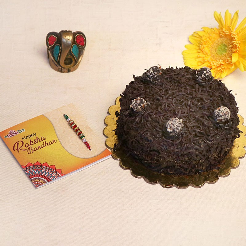 1/2 Kg Chocolate Truffle Designer Cream Cake with Pearl Rakhi