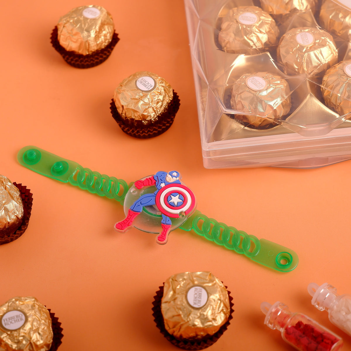 Captain America Green Rakhi with Ferrero Rocher Gift Box