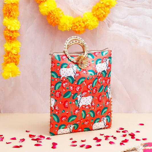 Kamdhenu Cow Ethnic Handcrafted Zip Up Fabric Bag - Red