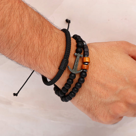 Viking Anchor Black Beaded Multilayer Bracelet