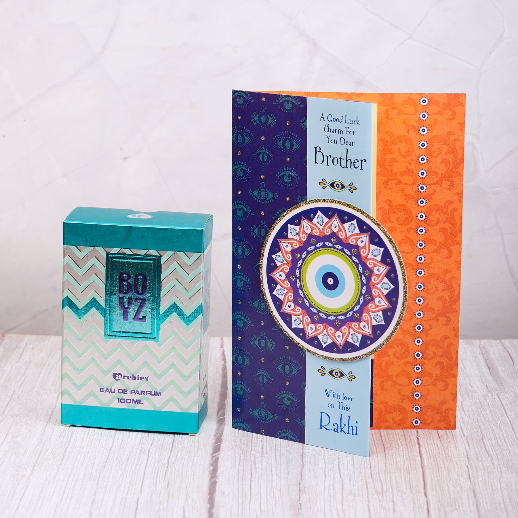 Boys Perfume with Evil Eye Rakhi Greeting Card