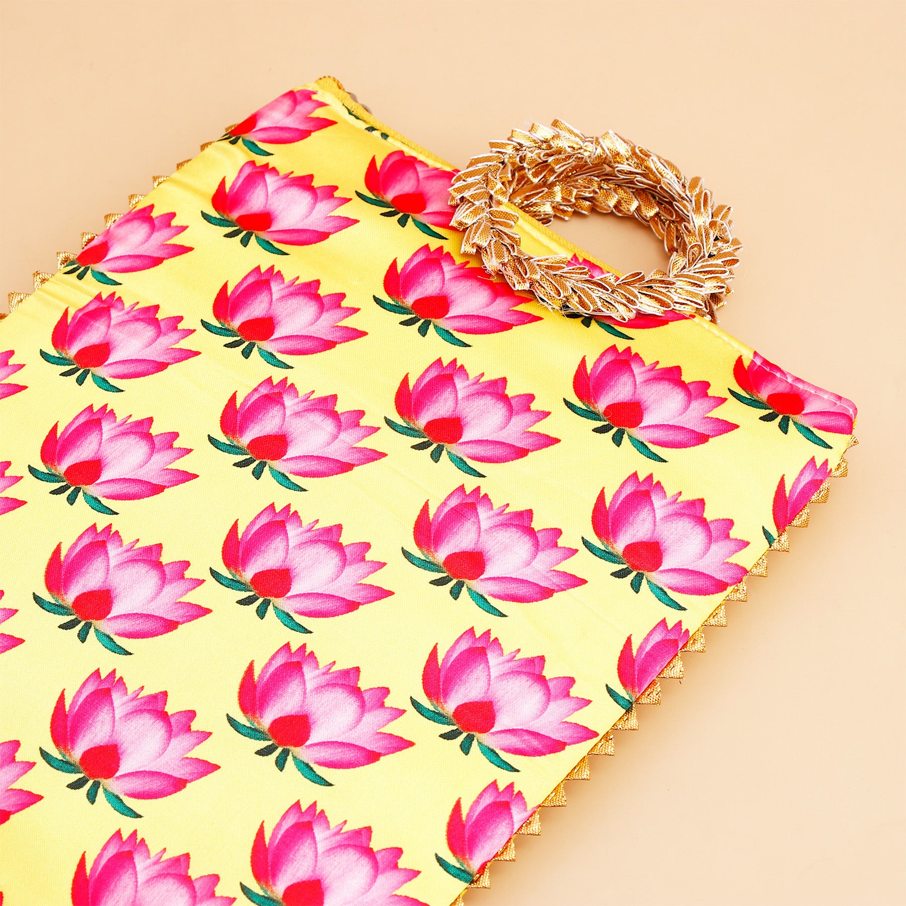Lotus Printed Ethnic Handcrafted Zip Up Fabric Bag - Yellow