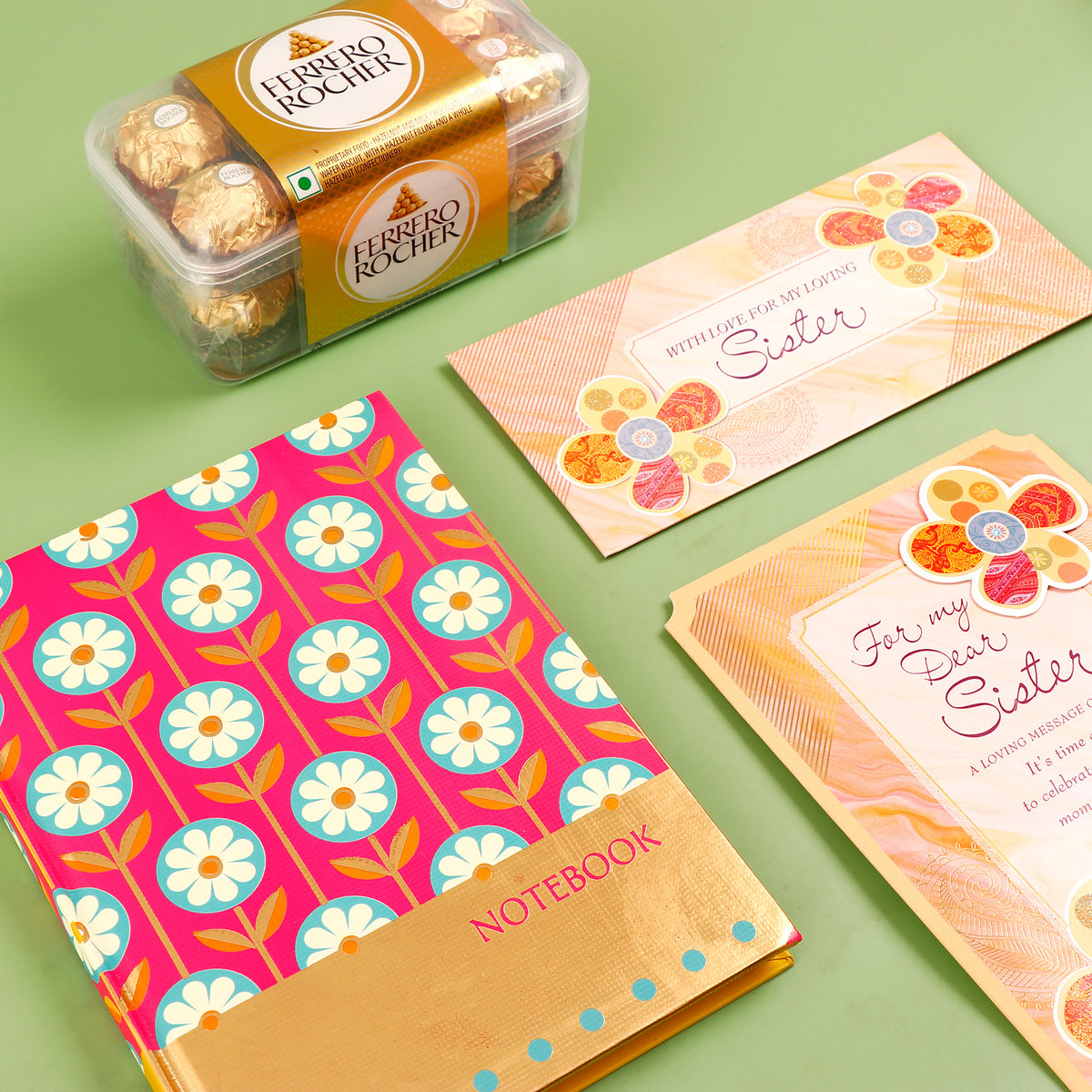 Pink Floral Notebook with Greeting Card and Ferroro Rocher 200 GM