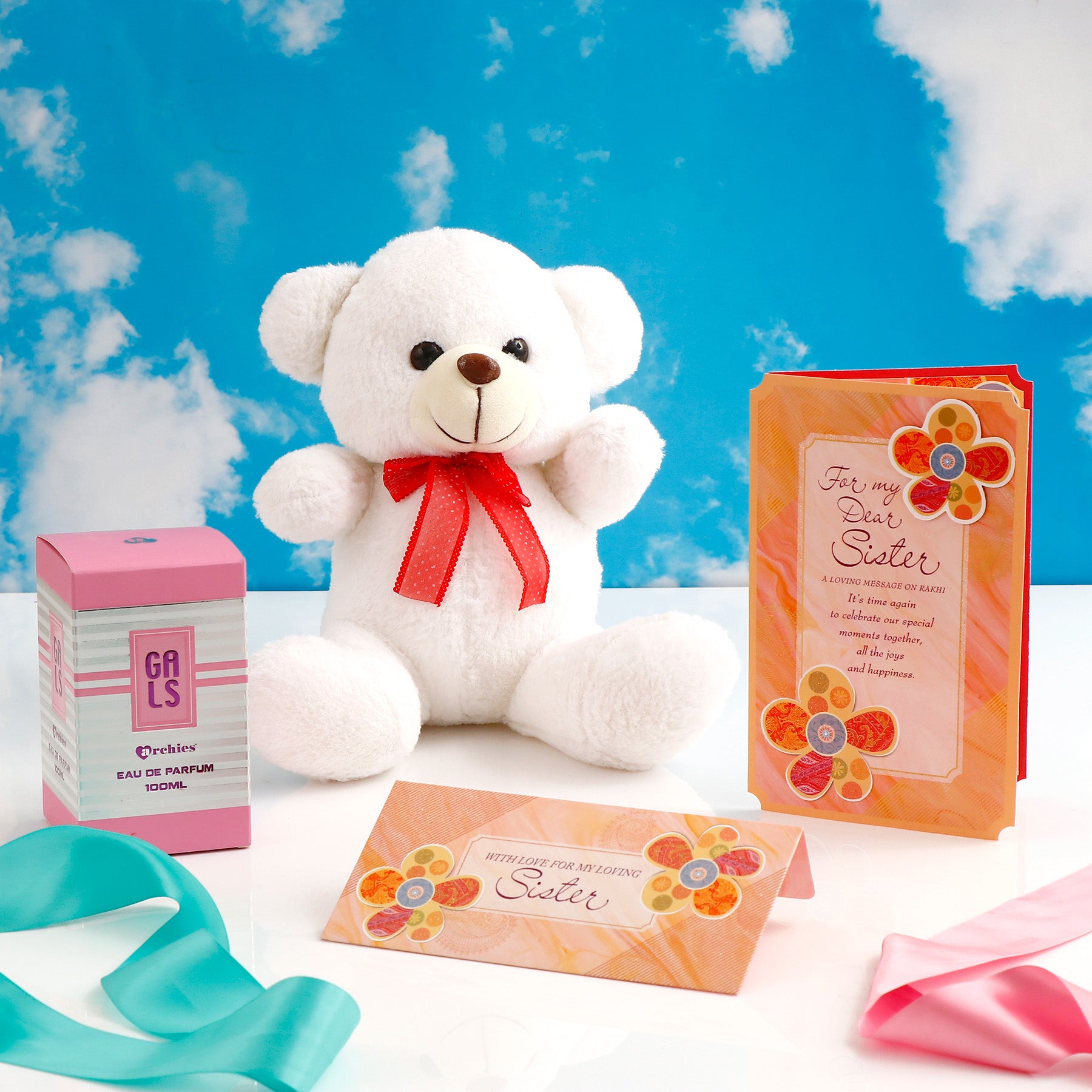 White Teddy Gift Set with Gals Perfume and Greeting Card