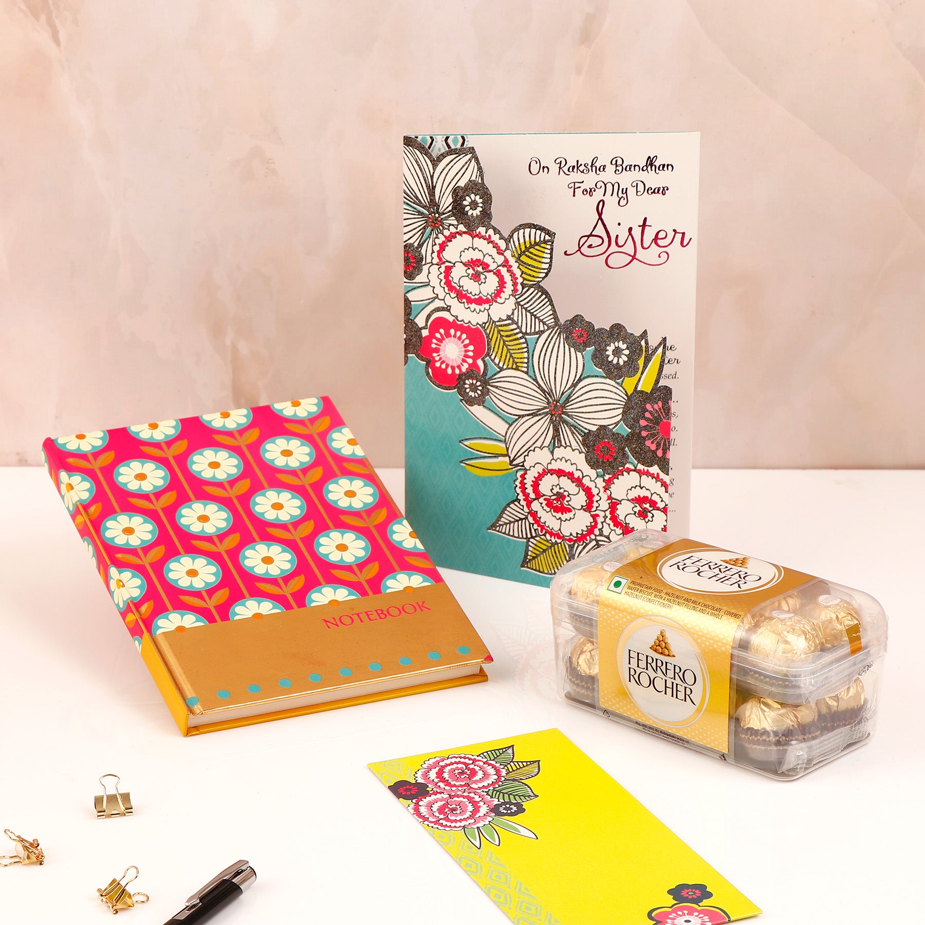 Floral Printed Notebook with Greeting Card and Ferroro Rocher 200 GM
