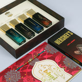 Oud Of Dubai Perfume with Rakhi Greeting Card and Hersheys Dark Chocolate Bar