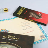 Oud Of Dubai Perfume with Rakhi Greeting Card and Hersheys Dark Chocolate