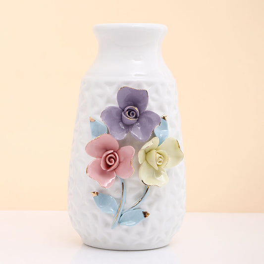 White Ceramic Vase with Embossed Flowers