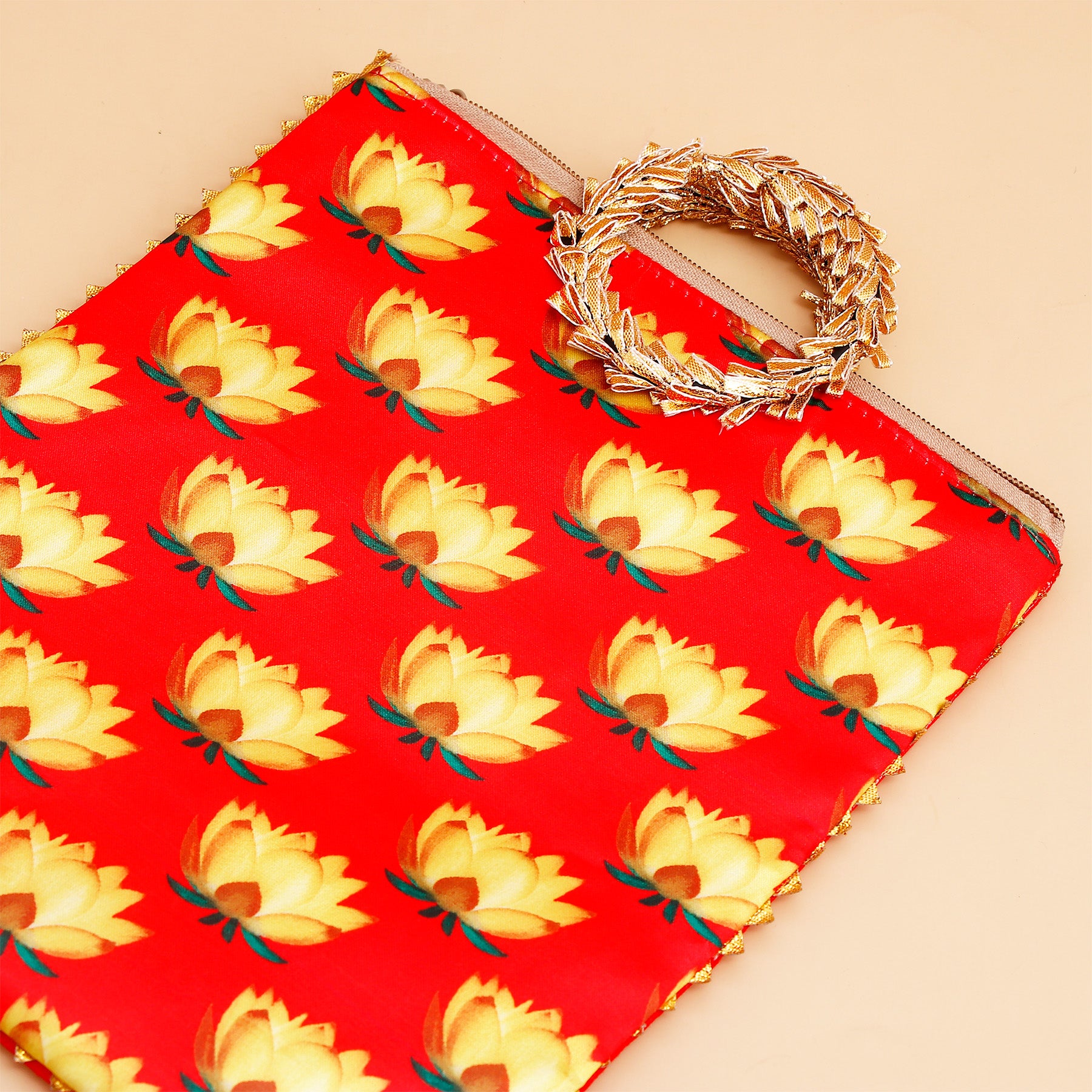 Lotus Printed Ethnic Handcrafted Zip Up Fabric Bag - Red