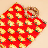 Lotus Printed Ethnic Handcrafted Zip Up Fabric Bag - Red