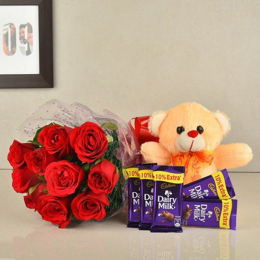 10 Red Roses Bouquet - Teddy bear (6 inch) - 5 Dairy Milk (13.2 gm)