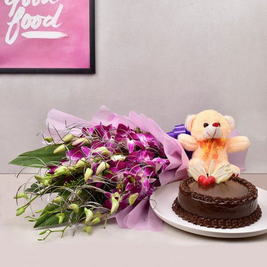 6 Purple Orchids Bouquet - Half Kg Chocolate Cake- Teddy Bear (6 inch)
