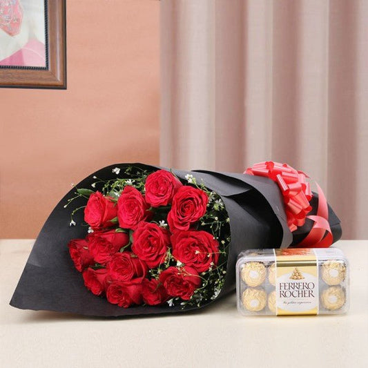 12 Red Roses - Black paper - Ferrero Rocher (16 pcs)